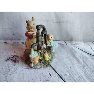 Vtg Artmark Mama/Baby Bunny at Water Pump Resin Figurine Easter Decor